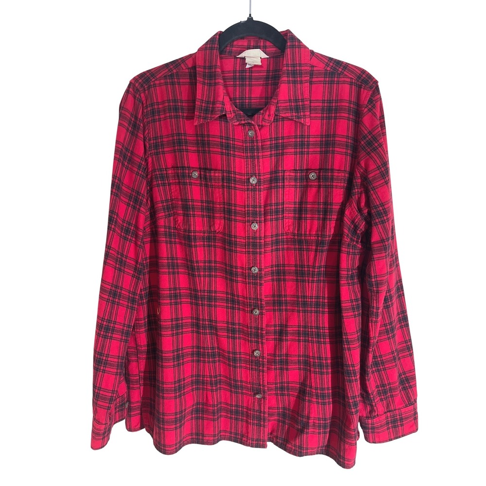 Duluth Trading Co Shirt Womens L Red Black Plaid Button Down Cotton Flannel